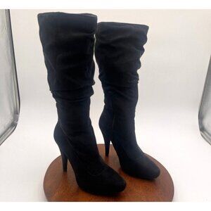 Elle Black Suede Pointed Toe Slouchy Heeled Mid-Calf Boots Size 6M Whimsigoth